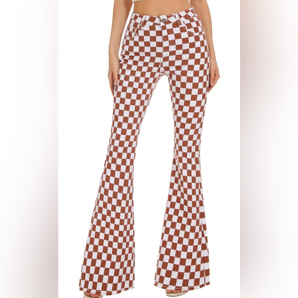 Checkerboard Boot Cut Pants - Brown & White